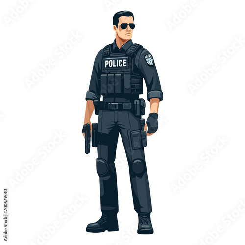 Policeman holding a handgun flat design vector illustration.