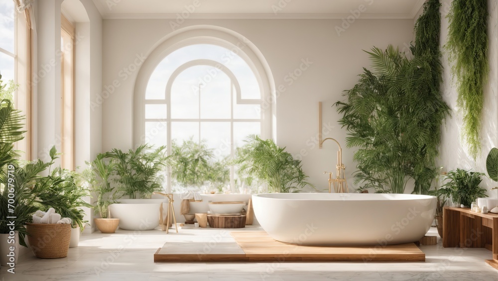 a serene and spa-like bathroom,   a luxurious bathtub, surrounded by lush green plants and soft, natural lighting