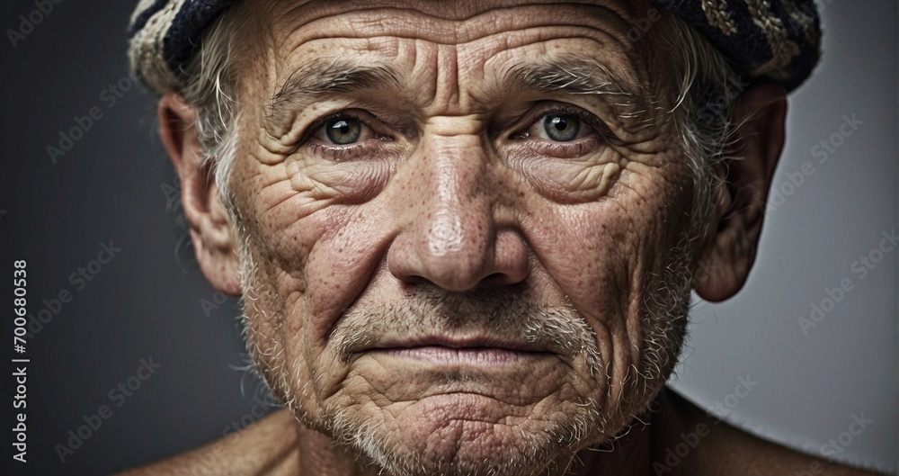 A high-definition image portraying the wisdom etched into the face of an aged sailor, emphasizing the minute details of each wrinkle and the depth of stories within his gaze -Generative Ai