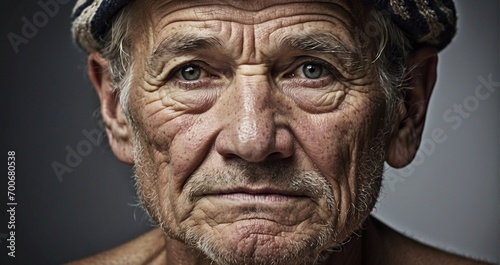 A high-definition image portraying the wisdom etched into the face of an aged sailor  emphasizing the minute details of each wrinkle and the depth of stories within his gaze -Generative Ai