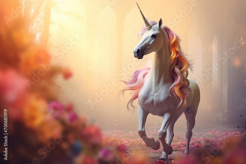 Unicorn in the magic fairy forest. Magical unicorn. Magic fantasy background.