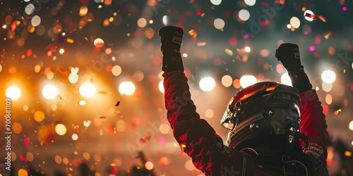 race car driver celebrating the win in a race against bright stadium lights and confetti. winner competition photo
