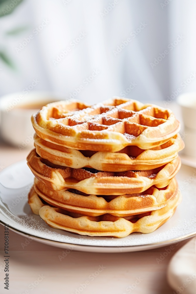 Stack of homemade belgian waffles with maple syrup, selective focus Stack of homemade belgian waffles with maple syrup, selective focus
