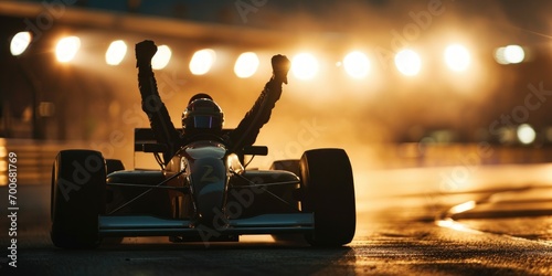 winner race car driver celebrating the win in a race against bright stadium lights and confetti. winner competition