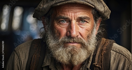 An HD portrait of a seasoned sailor's face, showcasing the details of his grizzled beard strands and the stories etched into his worn countenance -Generative Ai