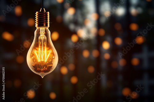 Glowing glass light bulb on blurred city background. 3D rendering