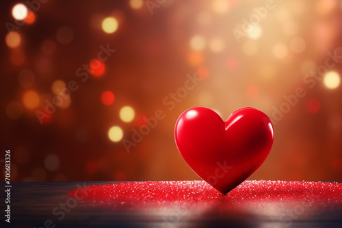 Valentines day greeting card with red hearts on wooden table over bokeh background.
