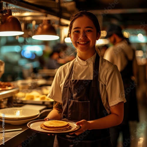 waitress smiling and holding pancake in a restaurant
