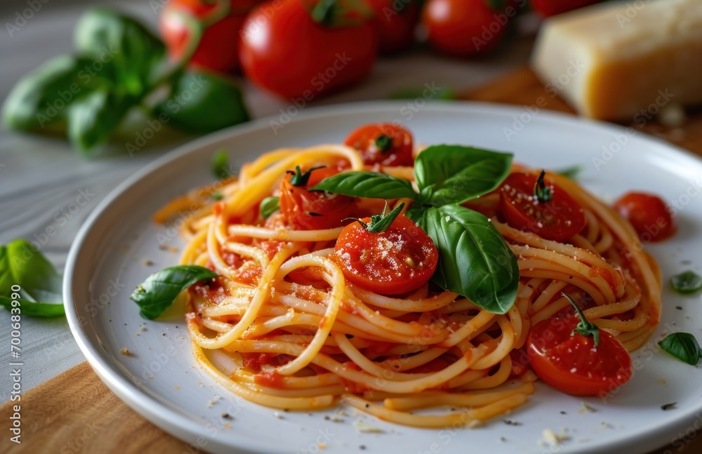 white plate with spaghetti sauce, basil and tomatoes white plate with spaghetti sauce, basil and tomatoes