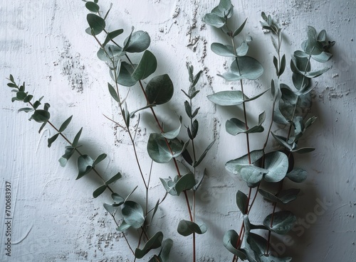 two eucalyptus branches on a white wall