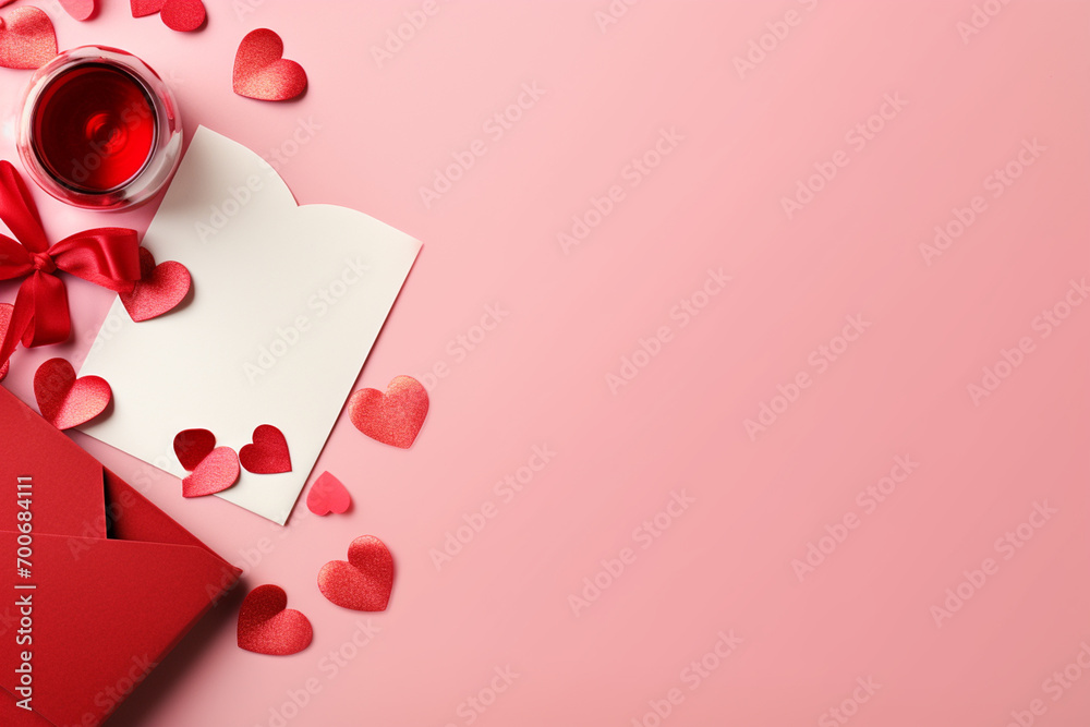 Valentine's day background with red wine, gift box and hearts