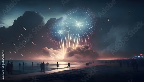 The beach, the sea and the shooting of colorful fireworks against the night sky. New Year's fun and festivities.