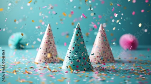 three party birthday party hats stand on blue blue ground
