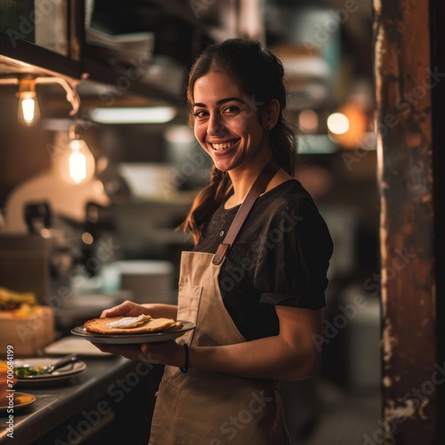 waitress smiling and holding pancake in a restaurant