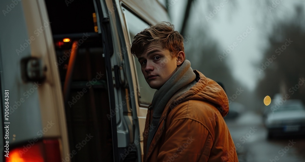 young man in face next to a delivery van,