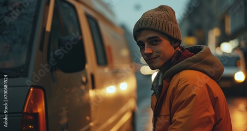 young man in face next to a delivery van