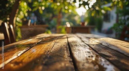 wooden table top on landscape background in blurry sunlight