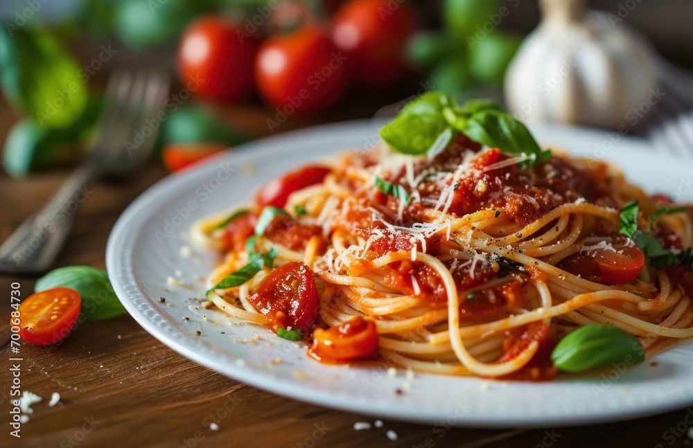 white plate with spaghetti sauce, basil and tomatoes white plate with spaghetti sauce, basil and tomatoes