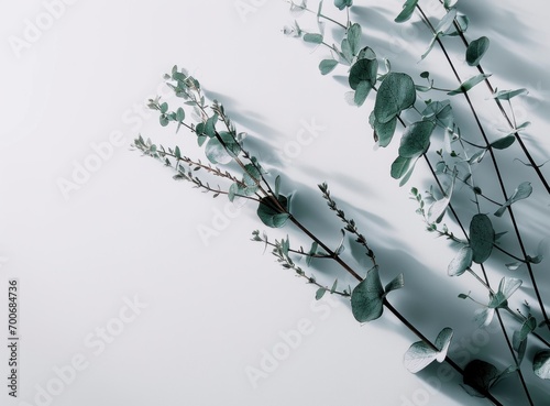 two eucalyptus branches on a white wall