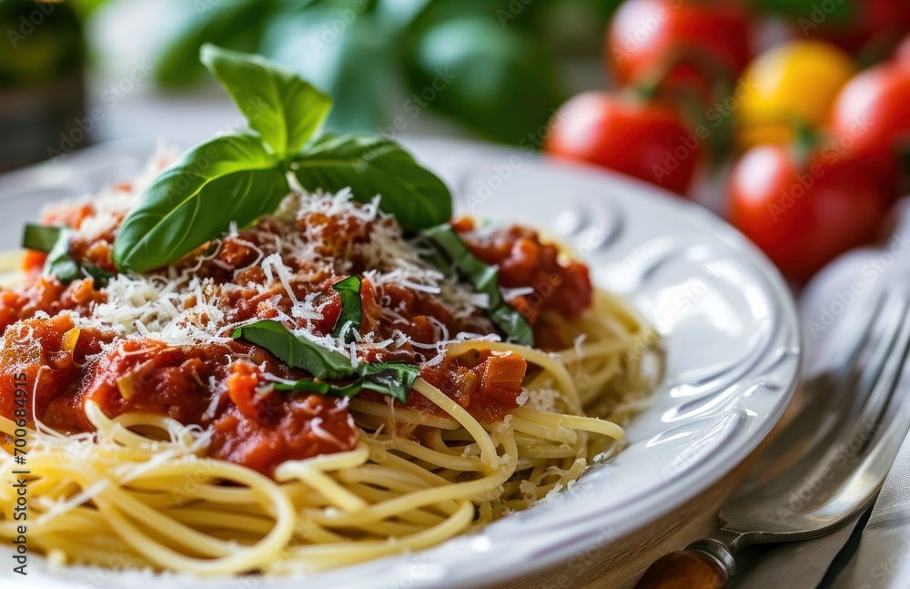 white plate with spaghetti sauce, basil and tomatoes white plate with spaghetti sauce, basil and tomatoes