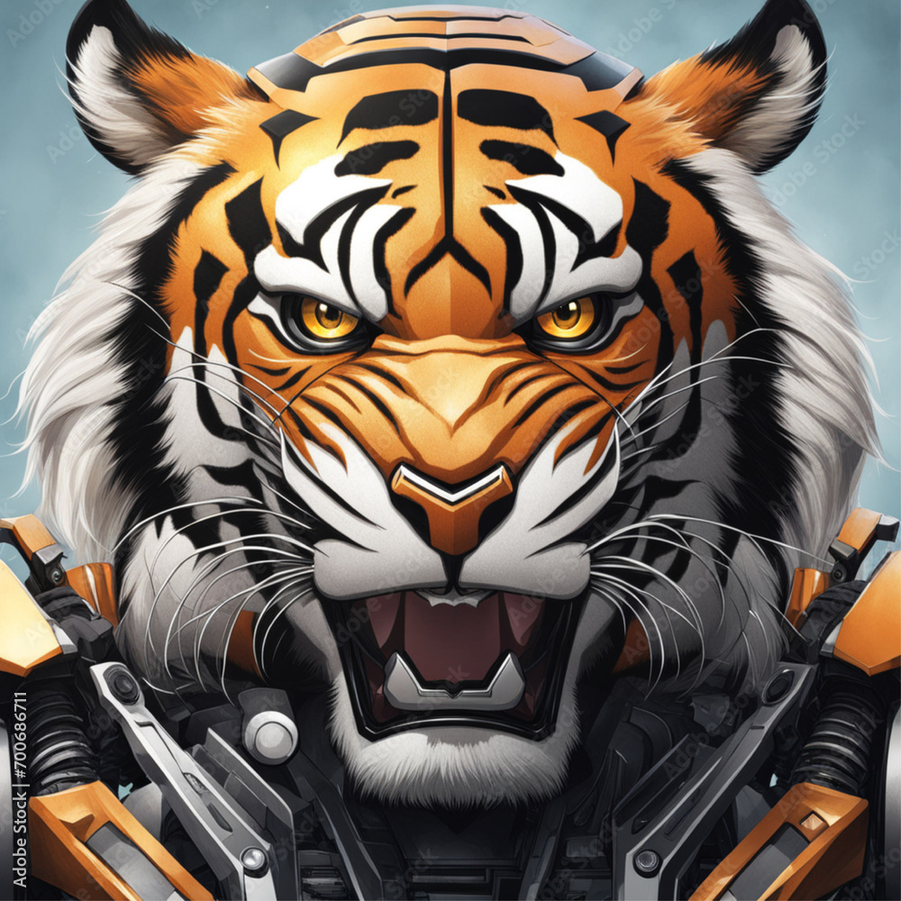 Fototapeta premium realistic illustration of a tiger robot with a fierce expression