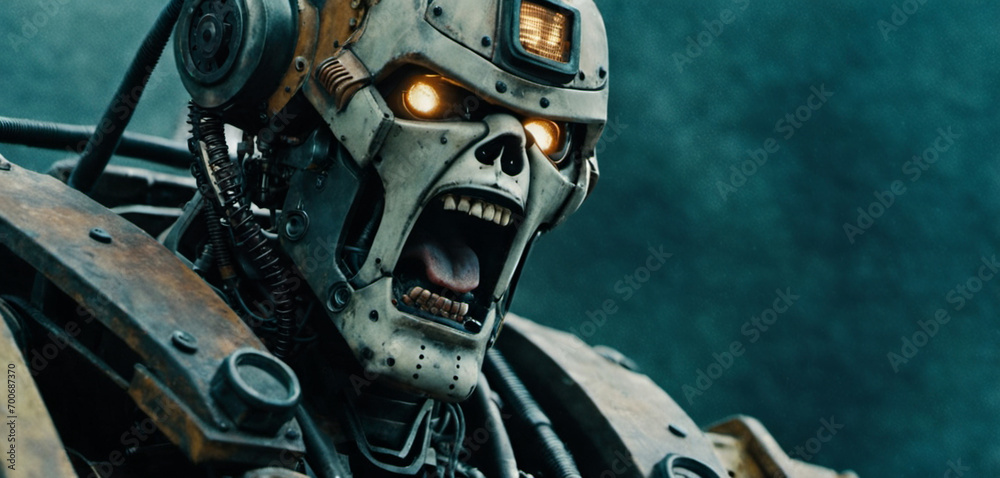 Fototapeta premium a scary robot, horror and apocalypse, humanoid android robot with artificial intelligence or AGI, general artificial intelligence in rage