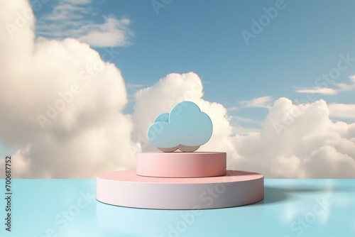 Podium against cloudy sky. Product presentation. Geometric shapes. Rendering. Generative AI