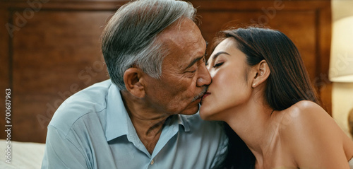 Older man with gray hair and dark skin color and younger Asian or Arabic woman, age difference in love, kissing tenderly in bedroom on bed, intercultural or sugar daddy