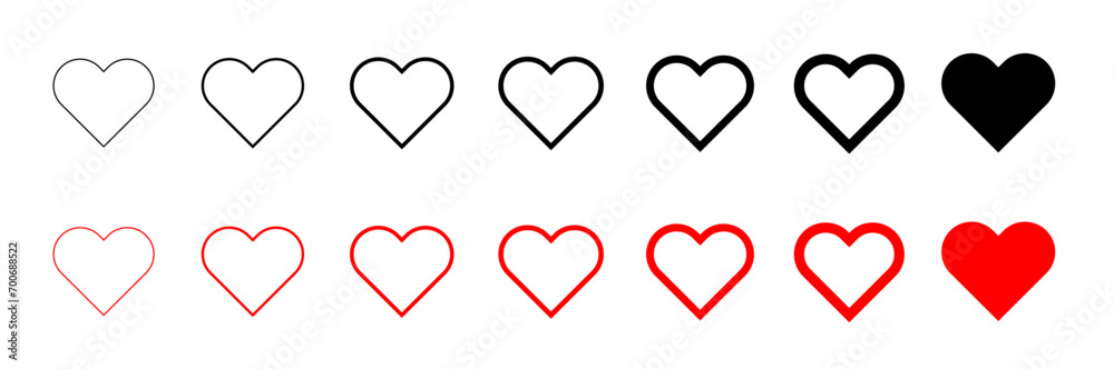 Vector hearts isolated on white. Hearts in linear and flat. Valentines day signs or symbols. Vector illustration