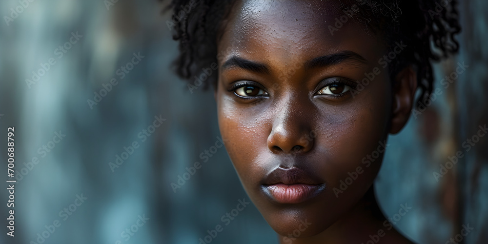 A beautiful black woman with a strong background, - obrazy, fototapety, plakaty 