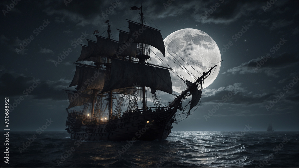 Mesmerizing 4K pirate ship under full moon captured with a 35mm lens. Mystical adventure with tattered sails, moonlit waters, and obscured pirate faces. Evokes mystery and awe. - obrazy, fototapety, plakaty 