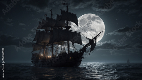 Mesmerizing 4K pirate ship under full moon captured with a 35mm lens. Mystical adventure with tattered sails, moonlit waters, and obscured pirate faces. Evokes mystery and awe.