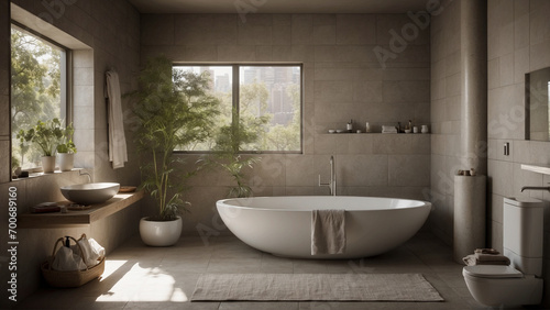 Bathroom tranquility: 35mm lens captures minimalist serenity, warm tones, scattered toiletries, and serene introspection in morning light. Ideal for lifestyle and introspective concepts.