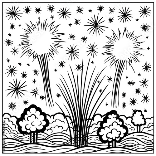 Fireworks show. Black and white coloring sheet. New Year's fun and festivities.
