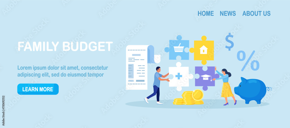 Family budget planning. Young couple forms the family budget, divides the items of expenditure. Saving money, control household finance
