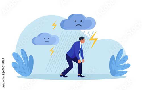 Depressed man walks under falling rain. Depression, mental disease. Sad businessman thinking over problems. Bankruptcy, crisis, burnout syndrome