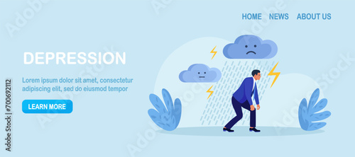 Depressed man walks under falling rain. Depression, mental disease. Sad businessman thinking over problems. Bankruptcy, crisis, burnout syndrome