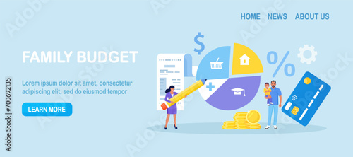 Personal income and expense management. Family budget strategy, planning. Young couple divides the items of expenditure. Control household finance