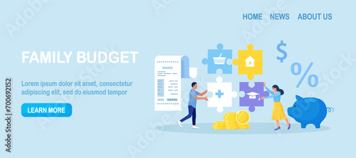 Family budget planning. Young couple forms the family budget, divides the items of expenditure. Saving money, control household finance