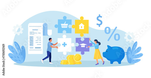 Family budget planning. Young couple forms the family budget, divides the items of expenditure. Saving money, control household finance