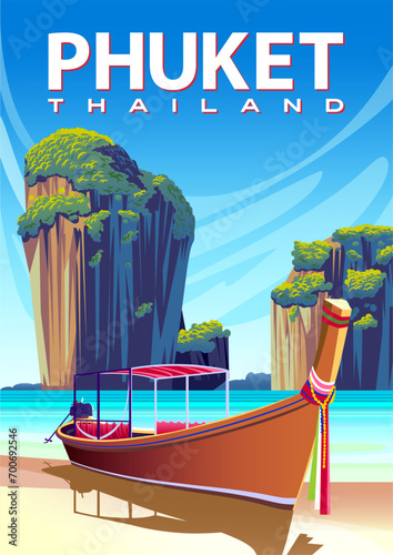 Traditional boat, beach, islands and the sea in the background. Phuket travel poster. Handmade drawing vector illustration.