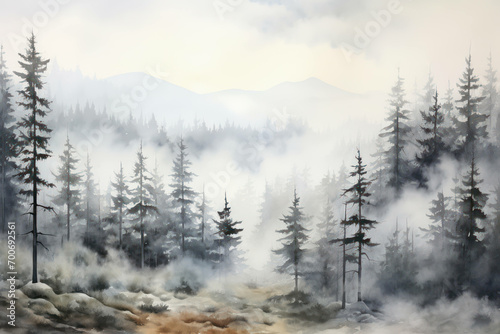 Fog season misty mist landscape pine background tree forest foggy nature mountain morning