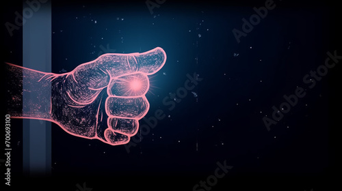 A neon-like hand fist pointing forward, emitting a bright light from the fingertip against a dark background photo