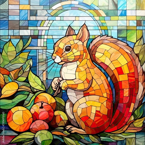 Stained glass window background with colorful squirrel abstract.