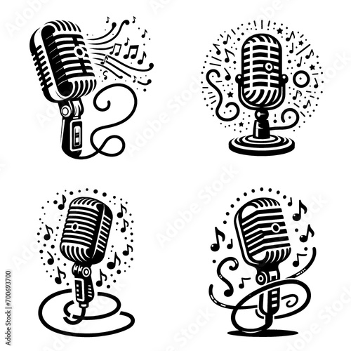 set of retro microphone and musical notes
