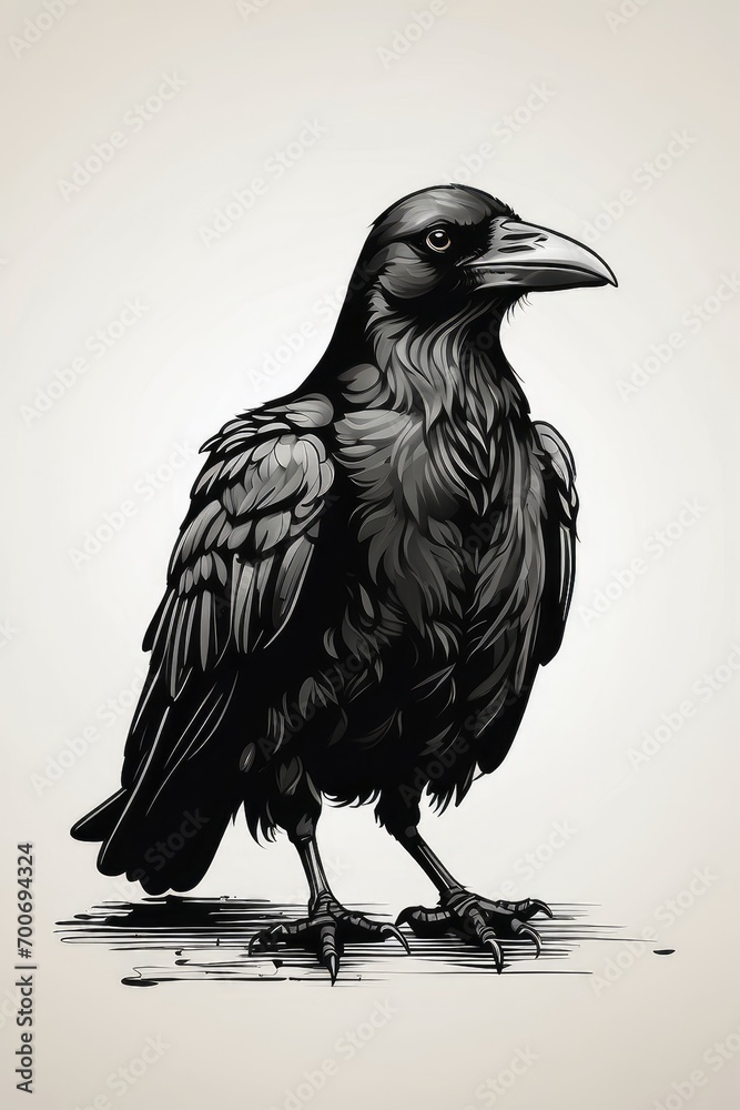 Fototapeta premium Crow tilted its head to the side icon, mono black glyph 2d stamp