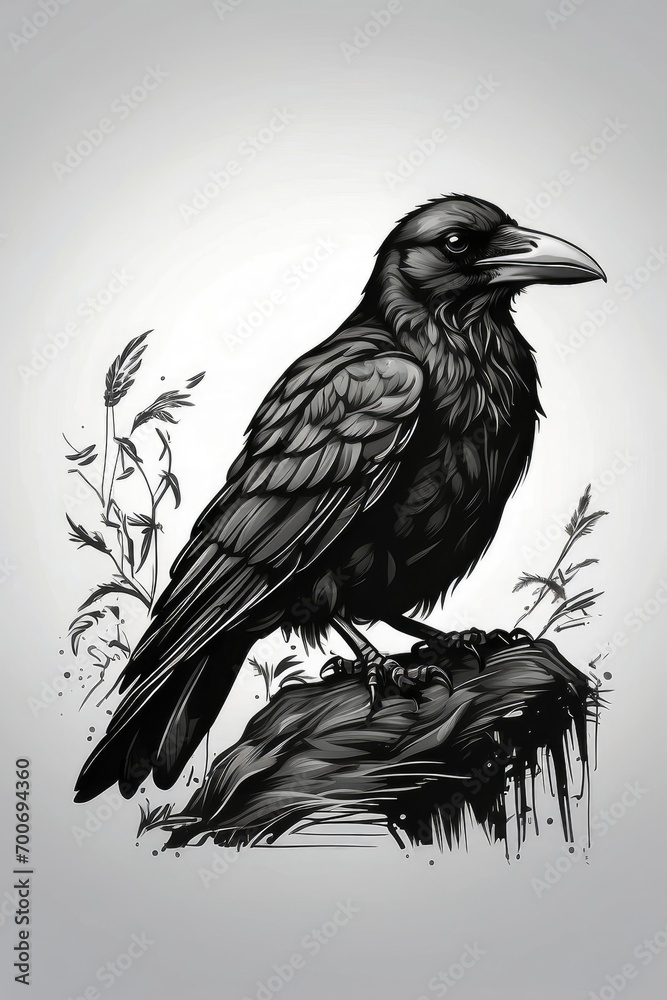 Fototapeta premium Crow tilted its head to the side icon, mono black glyph 2d stamp