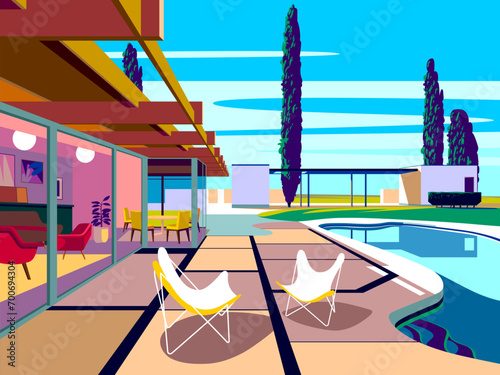 Landscape with swimming pool and mid-century house in the first plan and trees and palms in the background. Handmade drawing vector illustration. Pop Art style.