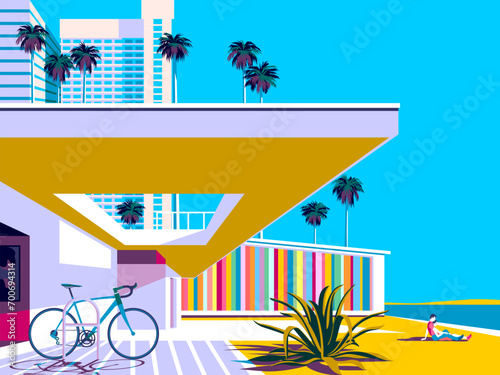Landscape with the mid-century house in the first plan and skyscrapers and palms in the background. Handmade drawing vector illustration. Pop Art style.