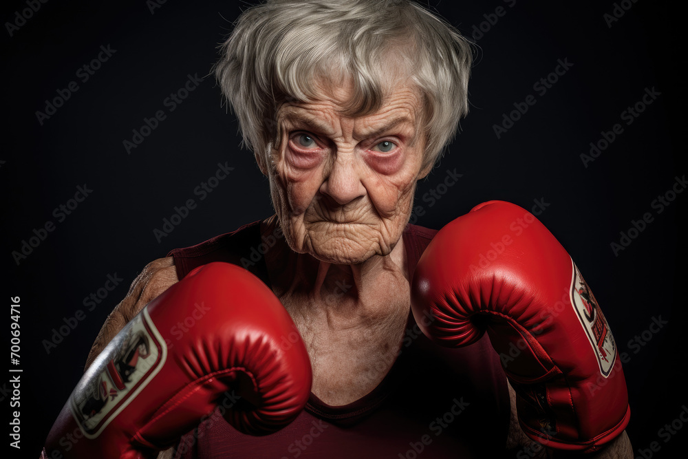 grandmother in boxing gloves in front of grey background